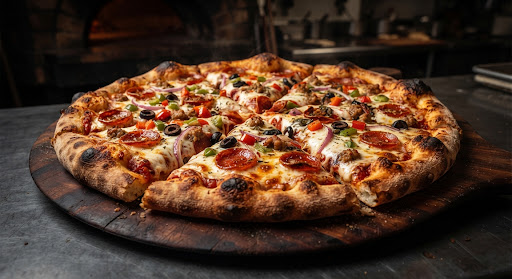 Loaded signature pizza with vegetables and meat
